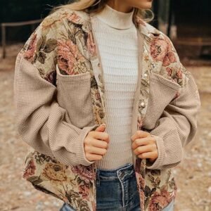 Khaki Floral Waffle Knit Chest Pockets  Jacket